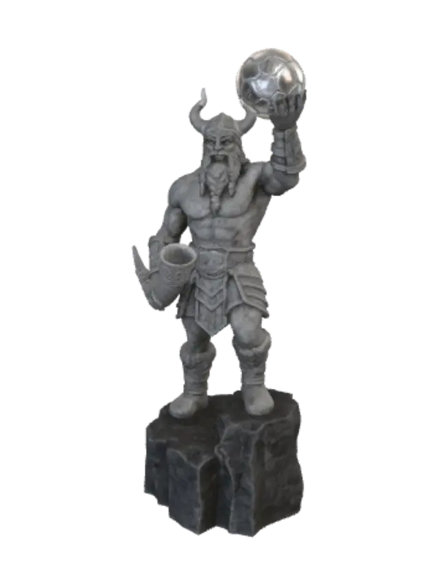 the Norse god of Challenge, Sport, and Contests, holding a soccer ball above his… 3D model, vytvořený pomocí AI