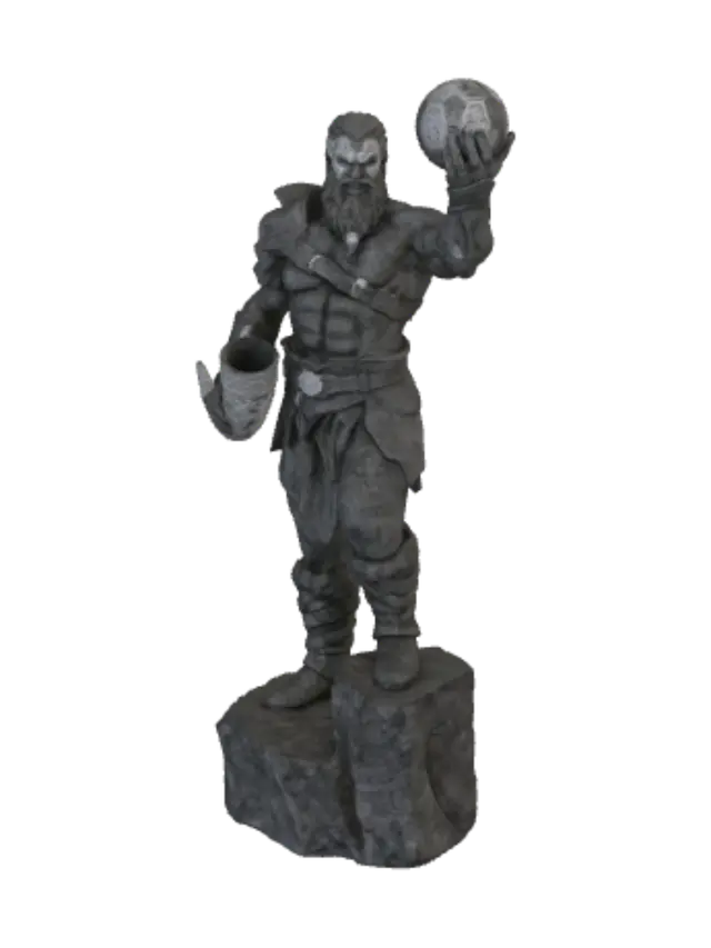 the Norse god of Challenge, Sport, and Contests, holding a soccer ball above his… 3D model, vytvořený pomocí AI