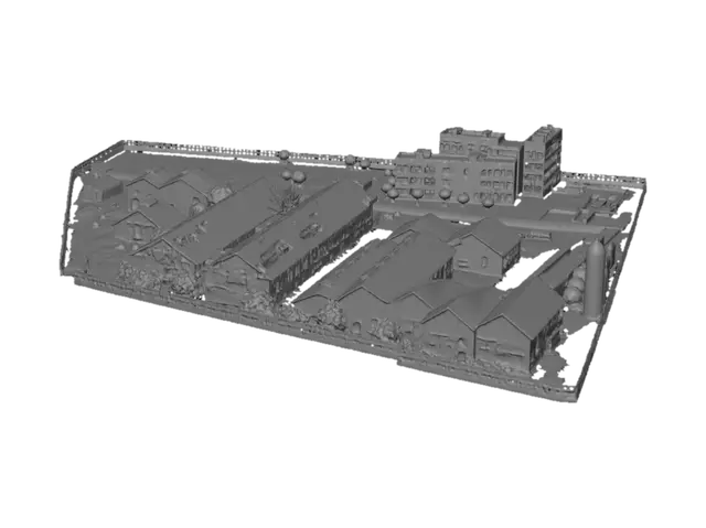 3D model for Aerial view of rusted-roofed industrial complex