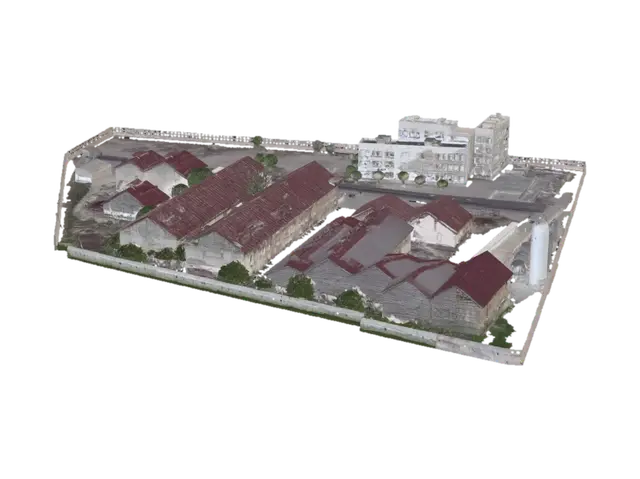 3D model for Aerial view of rusted-roofed industrial complex