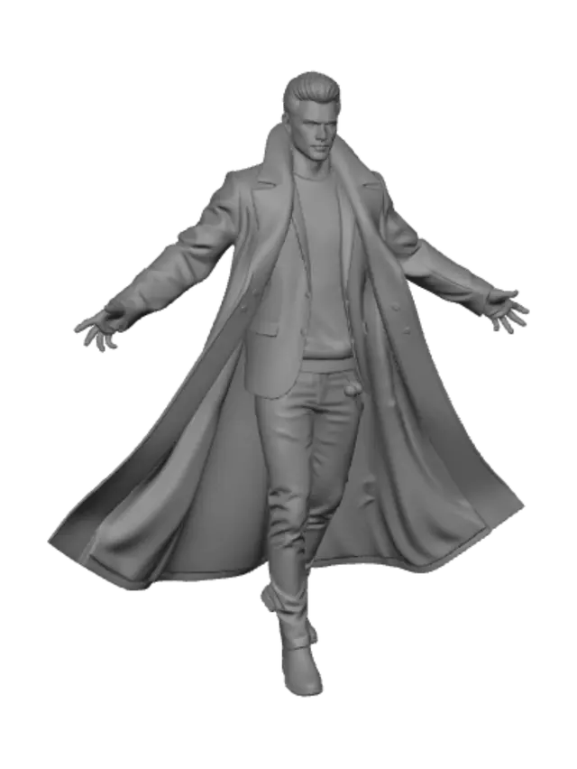 3D model for faça um personagem masculino com 30 anos, com uma calça comuma pequena corrente ao lado do bolso, estar usando uma jaqueta preta com um tipo de sobre-tudo grande quando va proximo ao chão, seu cabelo estar para tras, crie ele com os braços aberto e mão aberta