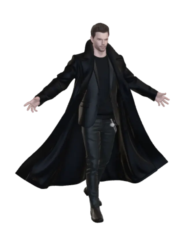 3D model for faça um personagem masculino com 30 anos, com uma calça comuma pequena corrente ao lado do bolso, estar usando uma jaqueta preta com um tipo de sobre-tudo grande quando va proximo ao chão, seu cabelo estar para tras, crie ele com os braços aberto e mão aberta
