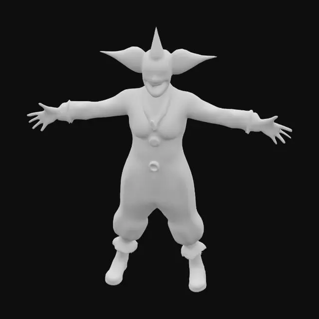 3D model for demonic clown character, inspired by Art the Clown, terrifying wide grin with sharp sharp teeth, monstrous smile, full body, 3d, low poly, solid colors, dark horror style, dominant red and black colors, evil horned hat like devil horns, eerie halloween vibe, glowing evil eyes, T-pose