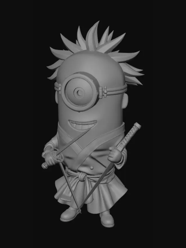 3D model for A cute 3D character fusion of Minion and Roronoa Zoro from One Piece. Short, plump, yellow cylindrical Minion body. One large circular goggle eye centered on the face with a scar beneath it. Wild spiky green hair on top of the head. Wearing Zoro’s white shirt, dark hakama pants, and green haramaki sash tied around the waist. Three katana swords in santoryu stance — one gripped between the teeth, one in each hand. Small stubby yellow arms and legs. Anime-cartoon hybrid style. High detail 3D sculpt, full body, neutral display pose, white background.