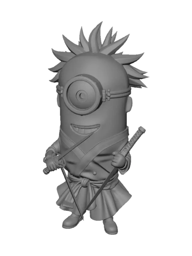 3D model for A cute 3D character fusion of Minion and Roronoa Zoro from One Piece. Short, plump, yellow cylindrical Minion body. One large circular goggle eye centered on the face with a scar beneath it. Wild spiky green hair on top of the head. Wearing Zoro’s white shirt, dark hakama pants, and green haramaki sash tied around the waist. Three katana swords in santoryu stance — one gripped between the teeth, one in each hand. Small stubby yellow arms and legs. Anime-cartoon hybrid style. High detail 3D sculpt, full body, neutral display pose, white background.