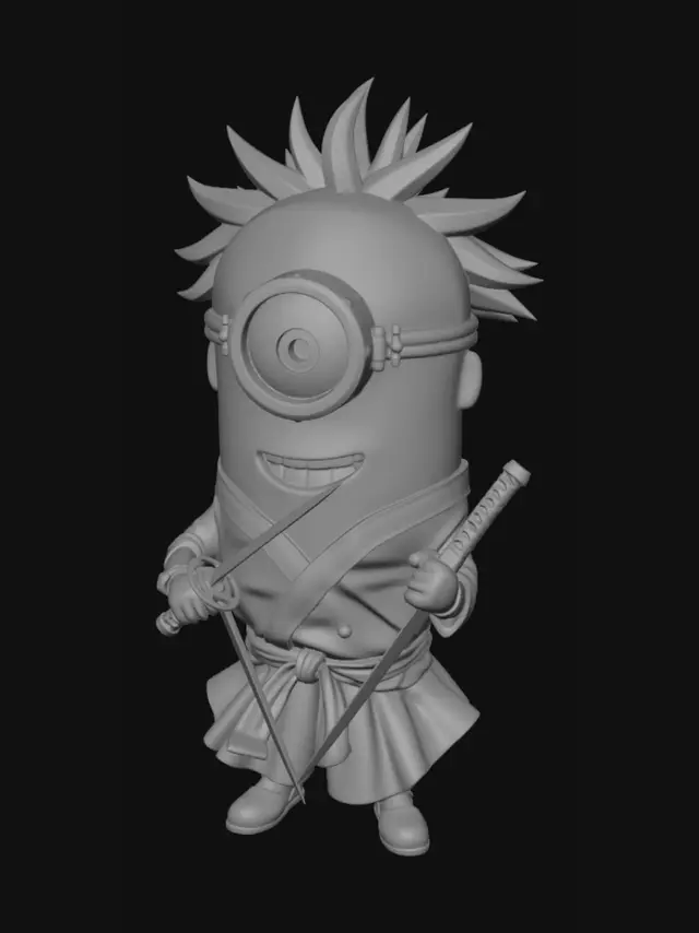 3D model for A cute 3D character fusion of Minion and Roronoa Zoro from One Piece. Short, plump, yellow cylindrical Minion body. One large circular goggle eye centered on the face with a scar beneath it. Wild spiky green hair on top of the head. Wearing Zoro’s white shirt, dark hakama pants, and green haramaki sash tied around the waist. Three katana swords in santoryu stance — one gripped between the teeth, one in each hand. Small stubby yellow arms and legs. Anime-cartoon hybrid style. High detail 3D sculpt, full body, neutral display pose, white background.