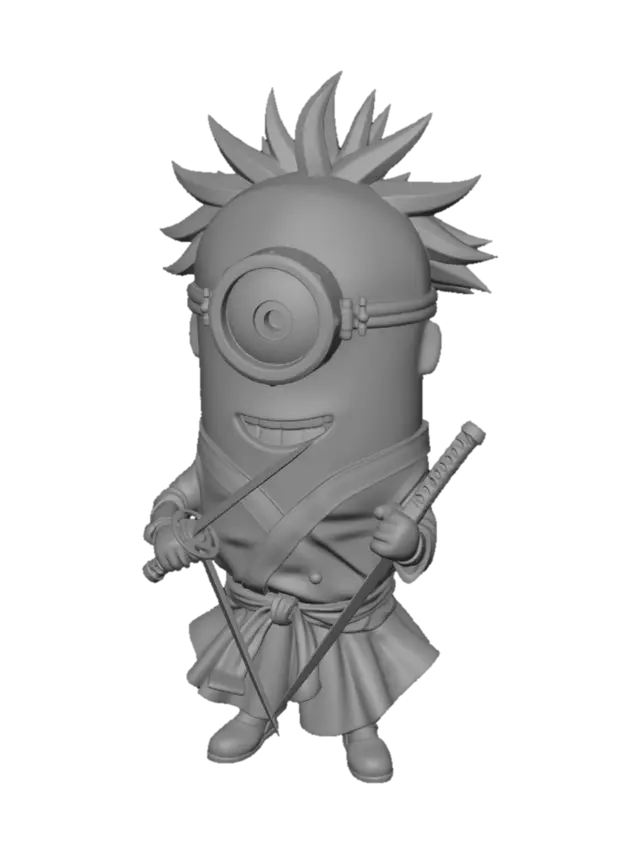 3D model for A cute 3D character fusion of Minion and Roronoa Zoro from One Piece. Short, plump, yellow cylindrical Minion body. One large circular goggle eye centered on the face with a scar beneath it. Wild spiky green hair on top of the head. Wearing Zoro’s white shirt, dark hakama pants, and green haramaki sash tied around the waist. Three katana swords in santoryu stance — one gripped between the teeth, one in each hand. Small stubby yellow arms and legs. Anime-cartoon hybrid style. High detail 3D sculpt, full body, neutral display pose, white background.