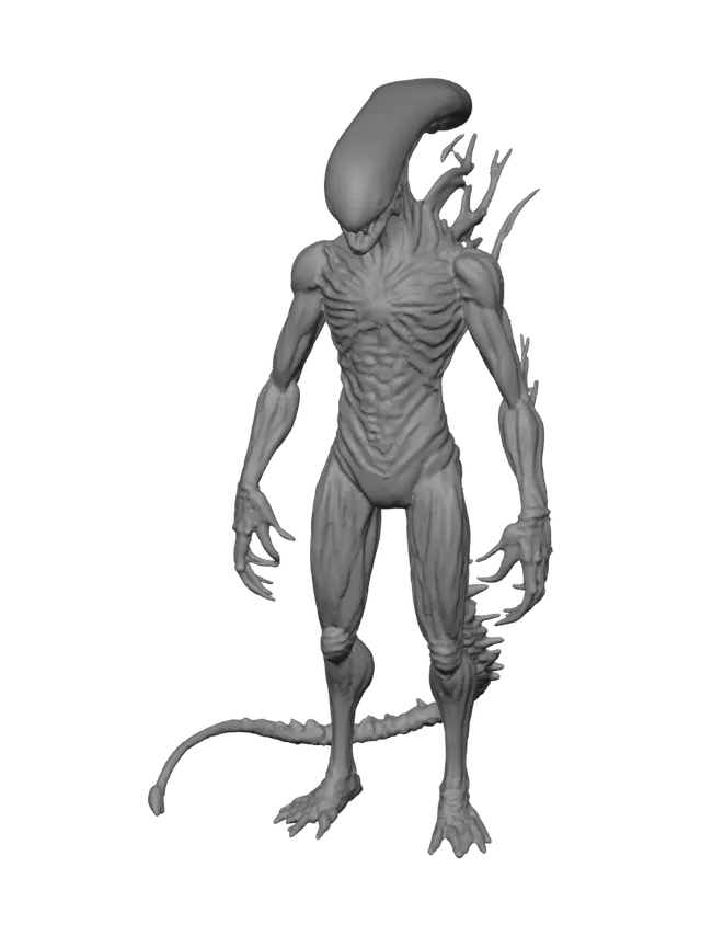 3D model for "Biomechanical alien creature, xenomorph-like, translucent glowing head with electric energy inside, dark exoskeleton, long curved tail with spikes, purple lightning aura, standing pose"