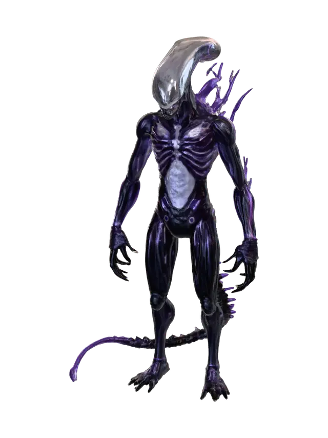 3D model for "Biomechanical alien creature, xenomorph-like, translucent glowing head with electric energy inside, dark exoskeleton, long curved tail with spikes, purple lightning aura, standing pose"