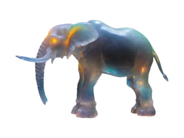 A towering crystal clay slime elephant with a glowing, translucent body rippling… 3D model, vytvořený pomocí AI