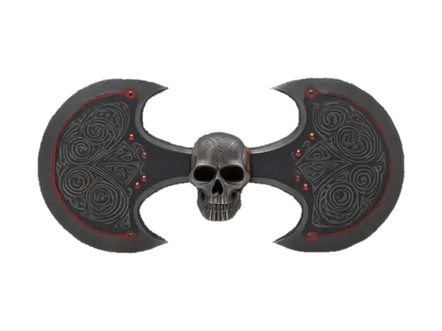 Stylized double-headed battle axe, broad and heavy, with blackened steel… - Doubleheaded 3D model, vytvořený pomocí AI