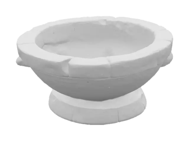 3D model for Ritual basin hewn from black basalt, circular and deep with thick, straight walls. Exterior decorated with faint horizontal ridges; interior smooth from wear. Rim uneven with small fractures and chipped segments. Base is broad and blocky, slightly asymmetrical. Texture rough and porous with scattered surface pitting.