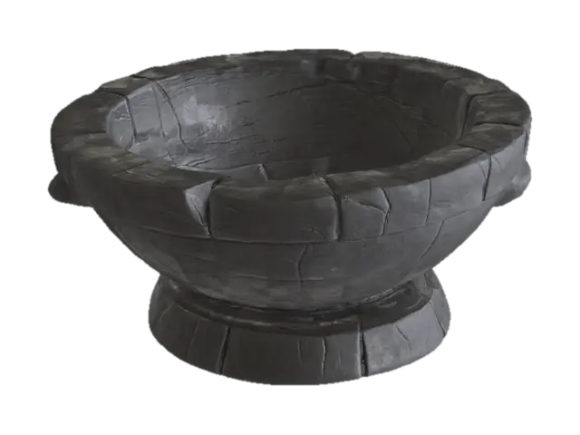 3D model for Ritual basin hewn from black basalt, circular and deep with thick, straight walls. Exterior decorated with faint horizontal ridges; interior smooth from wear. Rim uneven with small fractures and chipped segments. Base is broad and blocky, slightly asymmetrical. Texture rough and porous with scattered surface pitting.