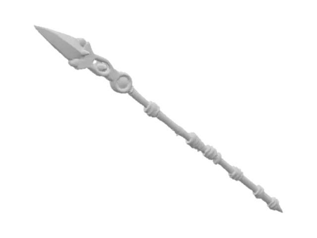3D model for Tribal War Spear – wooden shaft wrapped in cloth and leather strips, stone or obsidian blade with carved markings.