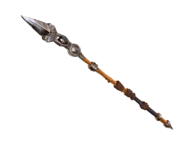 3D model for Tribal War Spear – wooden shaft wrapped in cloth and leather strips, stone or obsidian blade with carved markings.