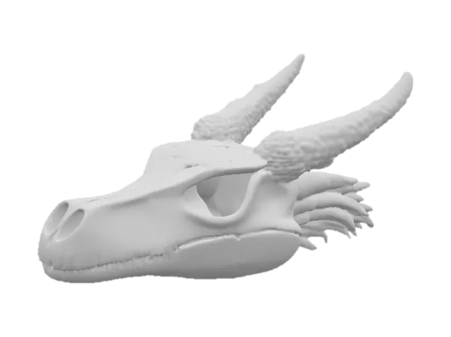 3D model for #PBR#, A fossilized dragon skull with elongated, ridged horns curving backward. The bone texture is weathered ivory with deep cracks and porous details, dusted with mossy green and earthen brown discoloration. Metallic deposits of tarnished copper streak through parts of the skull, giving it a mineral-encrusted look. The eye sockets glow faintly with ghostly turquoise light, casting a soft luminescence over the fractured bone surface.
