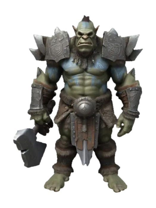 A hulking troll warrior in jagged plate armor adorned with tribal markings. The troll… 3D model, vytvořený pomocí AI