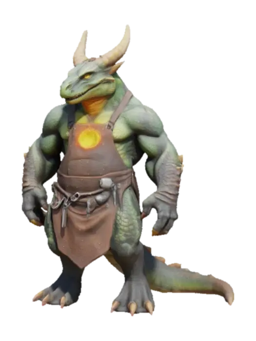 Modello 3D HORNED DRAGON SMITH with muscular reptilian frame, heavy apron covered in scorch…, generato dall’IA
