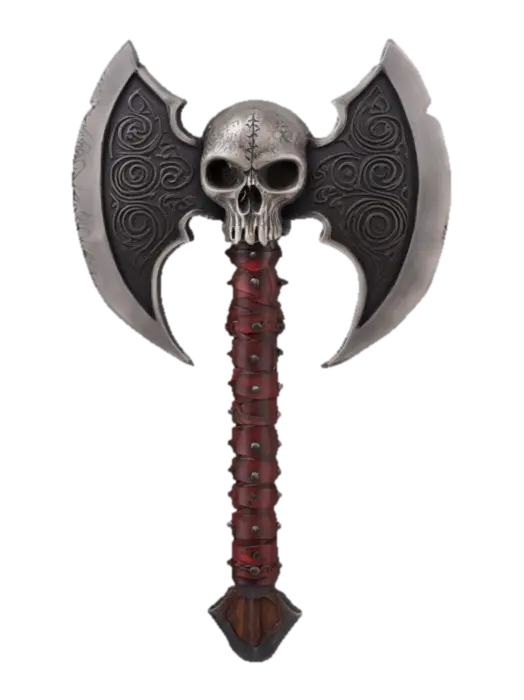 Stylized double-headed battle axe, broad and heavy, with blackened steel… - Doubleheaded 3D model, vytvořený pomocí AI