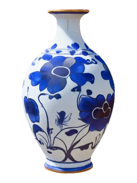 3D model for Decorative ceramic vessel, bulbous body with a narrow neck, painted in rich cobalt blue with swirling white floral motifs. Glazed surface glossy and reflective, with slight drips near the base. Lip rim accented in metallic bronze paint. Subtle hairline cracks in the glaze add age and character. Bottom flattened for stability.