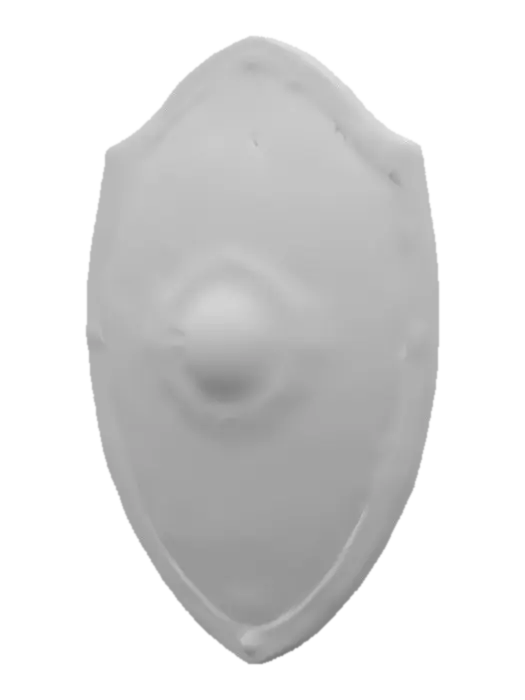 3D model for Design a large, oval-shaped fantasy shield constructed from aged steel with a brushed, weathered surface and subtle dents. A raised central boss is forged from darkened brass, embossed with a sunburst sigil and surrounded by concentric etched rings. The outer rim is reinforced with iron banding, fastened by square rivets oxidized to a dull green. Cracks and scratches reveal an underlayer of scorched black iron. The back features a wooden core structure wrapped in cracked leather straps. Overall, the shield appears war-worn and ritualistic.