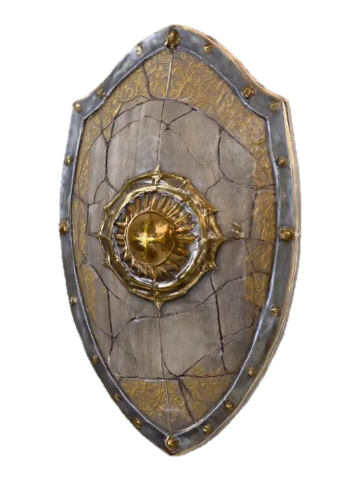 3D model for Design a large, oval-shaped fantasy shield constructed from aged steel with a brushed, weathered surface and subtle dents. A raised central boss is forged from darkened brass, embossed with a sunburst sigil and surrounded by concentric etched rings. The outer rim is reinforced with iron banding, fastened by square rivets oxidized to a dull green. Cracks and scratches reveal an underlayer of scorched black iron. The back features a wooden core structure wrapped in cracked leather straps. Overall, the shield appears war-worn and ritualistic.