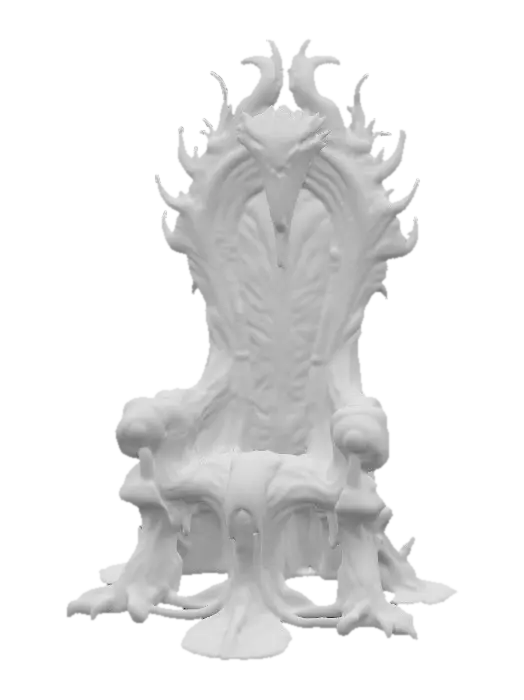 3D model for Towering bio-organic alien throne, constructed from chitinous bone fused with sinewy muscle strands, surfaces glossy and wet with a slick dark maroon sheen. High arched backrest shaped like an open ribcage, ridged and faintly pulsating with glowing bioluminescent teal veins. Armrests curl outward in talon-like grips, covered in knotted, vein-covered skin with a rough organic texture. Seat sunken and cushioned with twitching gelatinous membrane patches, semi-translucent and glistening. Base lined with small spore pods that pulse and release wisps of iridescent mist. Entire structure grotesque yet regal, alive, subtly shifting, and breathing.