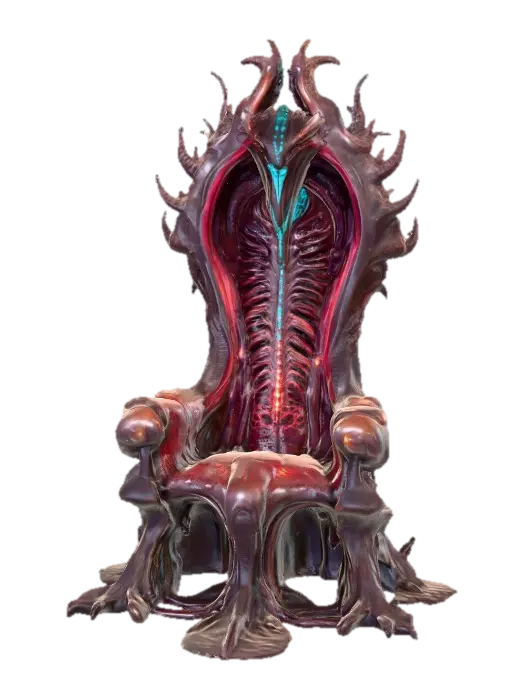 3D model for Towering bio-organic alien throne, constructed from chitinous bone fused with sinewy muscle strands, surfaces glossy and wet with a slick dark maroon sheen. High arched backrest shaped like an open ribcage, ridged and faintly pulsating with glowing bioluminescent teal veins. Armrests curl outward in talon-like grips, covered in knotted, vein-covered skin with a rough organic texture. Seat sunken and cushioned with twitching gelatinous membrane patches, semi-translucent and glistening. Base lined with small spore pods that pulse and release wisps of iridescent mist. Entire structure grotesque yet regal, alive, subtly shifting, and breathing.