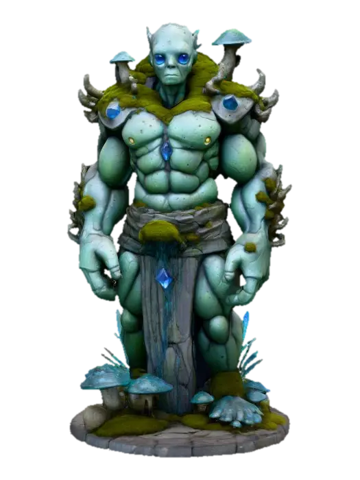 3D model for A hyper-detailed stone golem with moss and small glowing mushrooms growing from the cracks of its rocky body. The surface is rough granite with patches of damp moss, accented by glowing blue veins of crystal running across its chest and arms. Its eyes are carved emeralds glowing faintly, and its proportions are bulky and symmetrical, giving it a solid, grounded presence. White background for clean viewing.