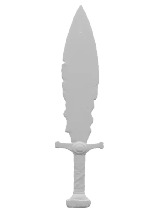 3D model for #PBR#, An ancient ceremonial dagger with a corroded bronze blade, edges jagged and chipped from centuries of wear. The blade is covered in green patina, mottled with streaks of oxidized turquoise. The hilt is wrapped in decayed leather strips, brittle and darkened, held together by knurled bronze fittings. At the pommel, a cracked crystal glows with a faint violet light, its fractured core casting shifting patterns across the corroded metal.