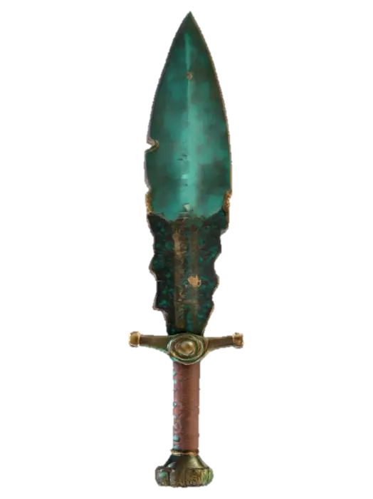 3D model for #PBR#, An ancient ceremonial dagger with a corroded bronze blade, edges jagged and chipped from centuries of wear. The blade is covered in green patina, mottled with streaks of oxidized turquoise. The hilt is wrapped in decayed leather strips, brittle and darkened, held together by knurled bronze fittings. At the pommel, a cracked crystal glows with a faint violet light, its fractured core casting shifting patterns across the corroded metal.