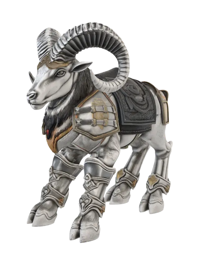 3D model for A powerful stone ram guardian with thick curled horns made from dark volcanic glass, cracked basalt armor plates, and glowing molten-orange seams beneath the surface. The body is stocky and symmetrical, with broad hooves, a reinforced forehead crest, and simple bronze bands around the horns and legs. Small engraved mountain motifs add controlled ornamentation. Strong silhouette, complete form, restrained glow, neutral background, high-resolution stylized realism, evenly lit without smoke, flames, or atmospheric clutter.