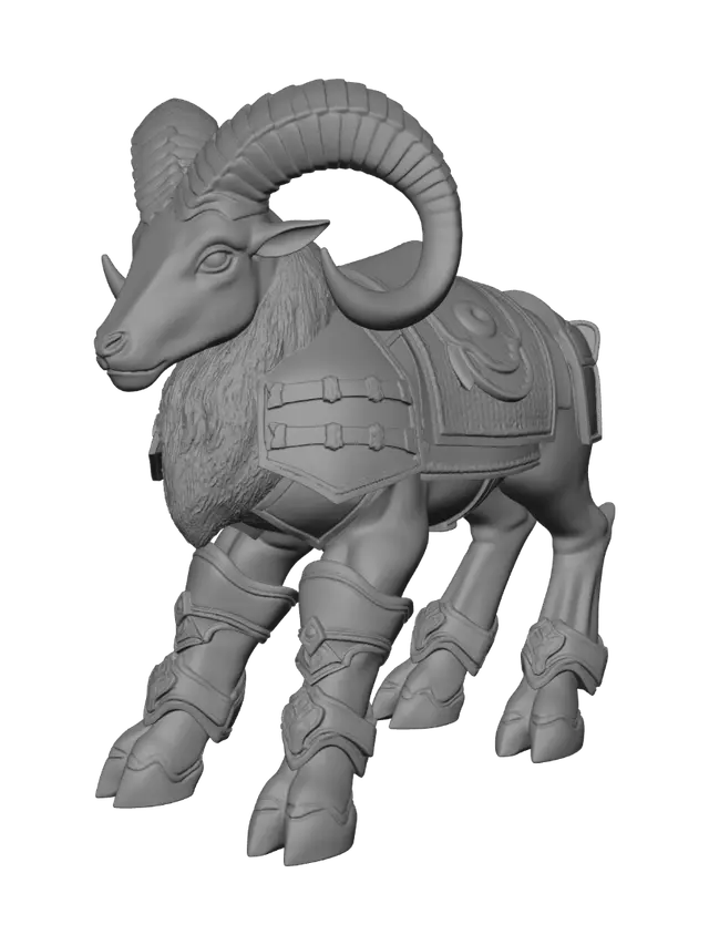 3D model for A powerful stone ram guardian with thick curled horns made from dark volcanic glass, cracked basalt armor plates, and glowing molten-orange seams beneath the surface. The body is stocky and symmetrical, with broad hooves, a reinforced forehead crest, and simple bronze bands around the horns and legs. Small engraved mountain motifs add controlled ornamentation. Strong silhouette, complete form, restrained glow, neutral background, high-resolution stylized realism, evenly lit without smoke, flames, or atmospheric clutter.
