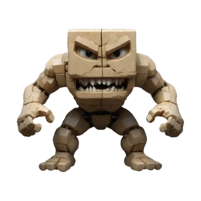 A blocky, humanoid figure with a square-shaped head and a bulky, muscular frame. Its… 3D model, vytvořený pomocí AI