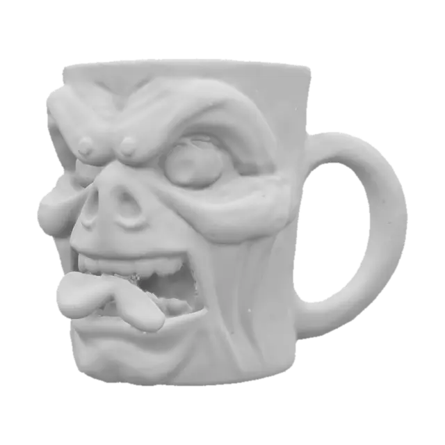 3D model for A coffee mug shaped like a screaming cyclops head, with the handle formed by a tongue curling out. The eye is hollow, peeking into the liquid inside.