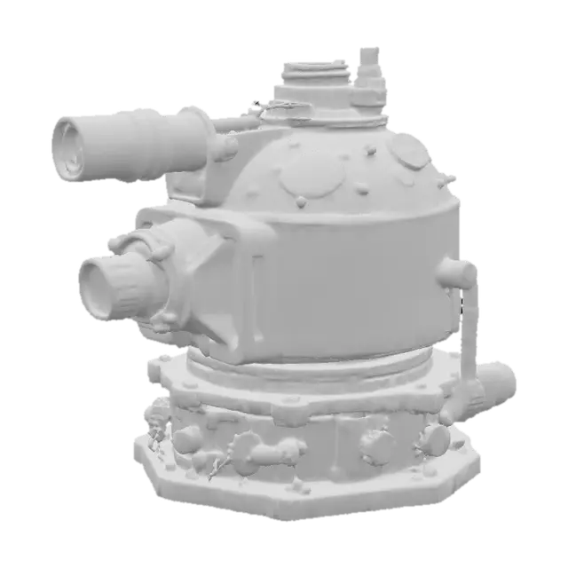 3D model for A small steampunk turret mounted on a brass base, constructed from oxidized copper and aged brass with etched engravings and burnished steel joints; dominant color is tarnished bronze green, accented with scorched umber; textures include ridged, knurled, and rust-pitted surfaces; visible mechanical wear and soot buildup around the barrel; glowing amber ring around the scope., #PBR#