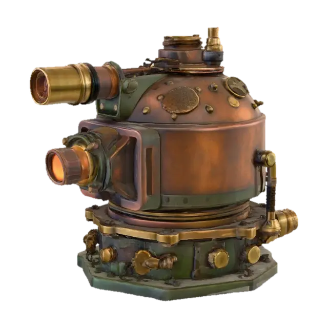 3D model for A small steampunk turret mounted on a brass base, constructed from oxidized copper and aged brass with etched engravings and burnished steel joints; dominant color is tarnished bronze green, accented with scorched umber; textures include ridged, knurled, and rust-pitted surfaces; visible mechanical wear and soot buildup around the barrel; glowing amber ring around the scope., #PBR#