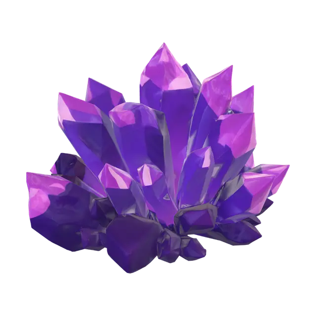 3D model for glowing purple crystal cluster growing from ground, low-poly, flat shaded, faceted surfaces, very few polygons, simple bold shapes, large flat color areas, no engraving, no filigree, no fine ornamentation, cartoon fantasy game asset, neutral lighting, isolated on plain background
