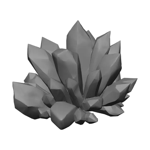 3D model for glowing purple crystal cluster growing from ground, low-poly, flat shaded, faceted surfaces, very few polygons, simple bold shapes, large flat color areas, no engraving, no filigree, no fine ornamentation, cartoon fantasy game asset, neutral lighting, isolated on plain background