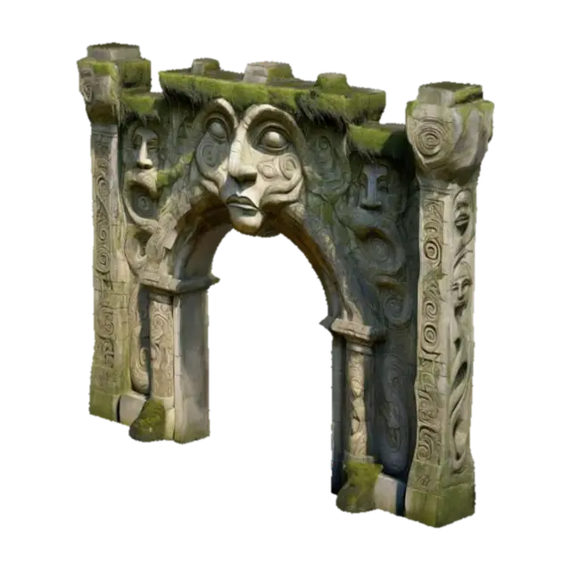 A grand, surreal stone gateway with sculpted faces, intertwined mythical creatures,… - Native 3D model, vytvořený pomocí AI