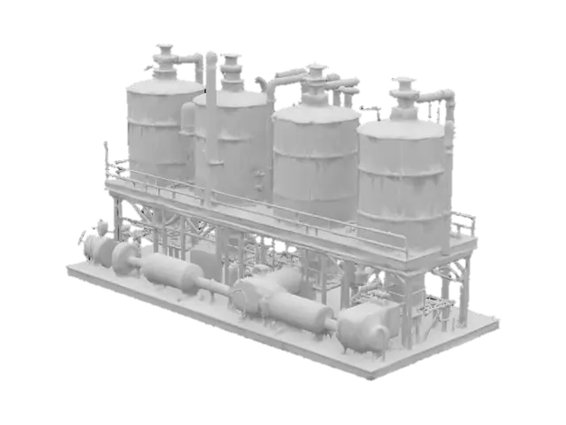 3D model for industrial machine unit prop with fluid silos and complicated mechanisms with grim and grimy industrial factory rusty look