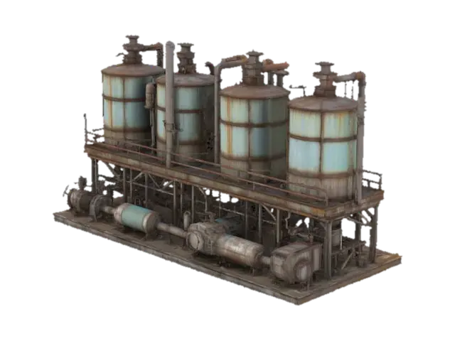 3D model for industrial machine unit prop with fluid silos and complicated mechanisms with grim and grimy industrial factory rusty look