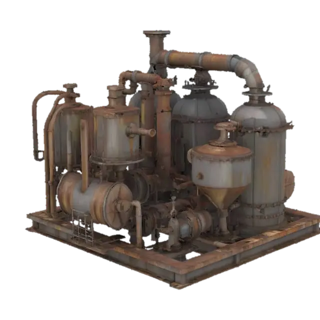 3D model for industrial machine unit prop with fluid silos and complicated mechanisms with grim and grimy industrial factory rusty look