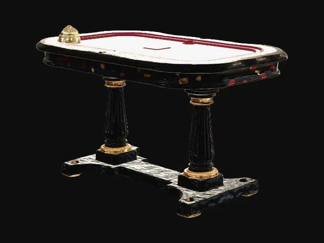 3D model for Premium game-ready 3D magician trick table for Vex the illusionist in a TikTok Live arcade show. Small elegant stage table with black lacquer wood, deep red velvet top, subtle gold trim, luxury illusionist style, clean readable silhouette, stable base, compact performance scale, designed for cards, coins, tickets, and reveal props. Premium PBR materials, clean topology, centered origin, optimized for WebGL/Three.js, GLB export. Single prop only, no background, no text, no extra objects.