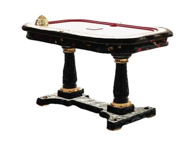 3D model for Premium game-ready 3D magician trick table for Vex the illusionist in a TikTok Live arcade show. Small elegant stage table with black lacquer wood, deep red velvet top, subtle gold trim, luxury illusionist style, clean readable silhouette, stable base, compact performance scale, designed for cards, coins, tickets, and reveal props. Premium PBR materials, clean topology, centered origin, optimized for WebGL/Three.js, GLB export. Single prop only, no background, no text, no extra objects.