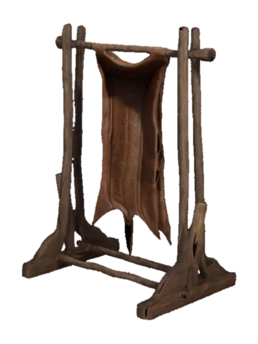 boar hide stretched on a wooden frame. frame standing. in the style of a game asset.… 3D model, vytvořený pomocí AI