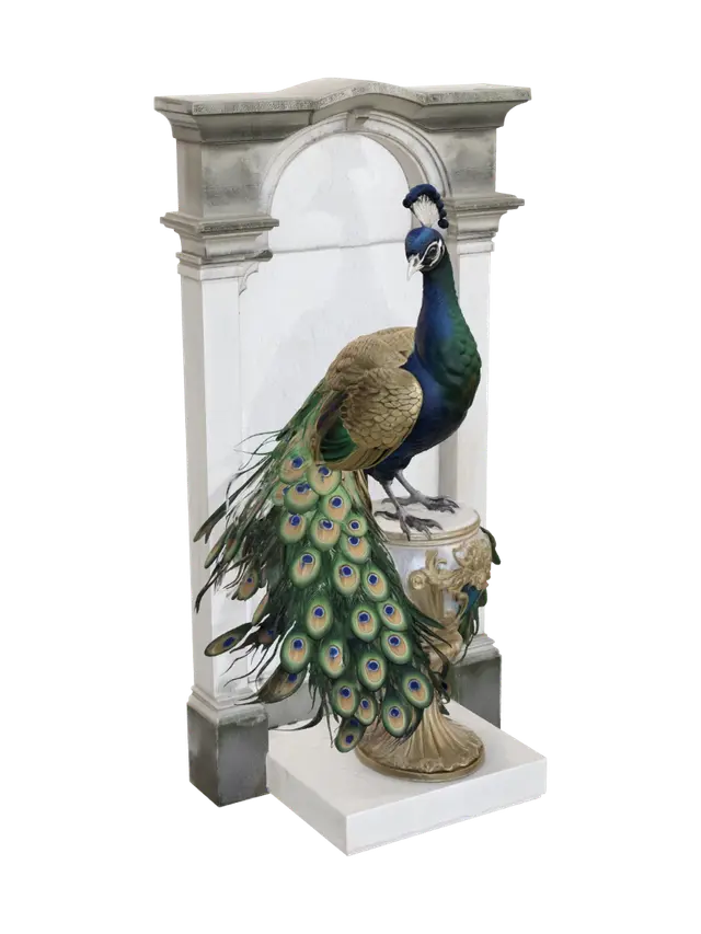 Majestic Peacock on a Gilded Urn 3D model, vytvořený pomocí AI