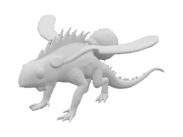 3D model for Description: The Aetherbulb is a gentle, gliding beast known for its oddly inflatable head sac. When it receives compliments or affectionate words, its head expands with a glowing gas, allowing it to float short distances or glide gracefully across terrain. Its skin is semi-scaled with subtle bioluminescent patterns along the spine, often shifting color based on its mood.