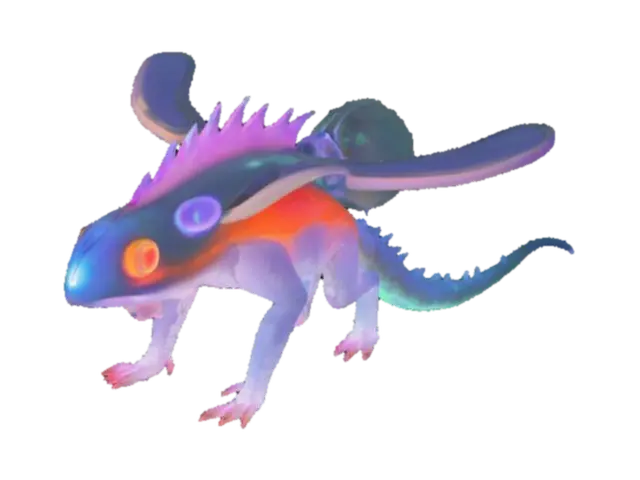 3D model for Description: The Aetherbulb is a gentle, gliding beast known for its oddly inflatable head sac. When it receives compliments or affectionate words, its head expands with a glowing gas, allowing it to float short distances or glide gracefully across terrain. Its skin is semi-scaled with subtle bioluminescent patterns along the spine, often shifting color based on its mood.