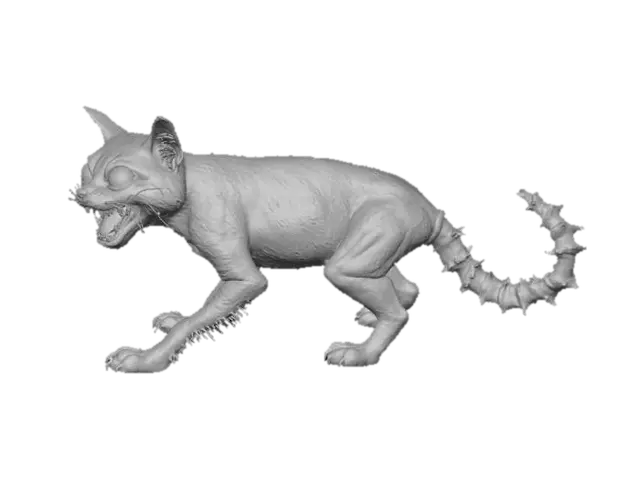 3D model for A grotesque demonic cat, seemingly normal at first glance but upon closer inspection, its short, coarse fur of a sickly greenish-gray color reveals unsettling details. Its overly wide, permanent grin exposes too many needle-like, discolored teeth, and its eyes are a disturbing, unblinking yellow. Its stubby tail has a segmented, almost insect-like texture, adding to its uncanny and subtly horrifying nature.
